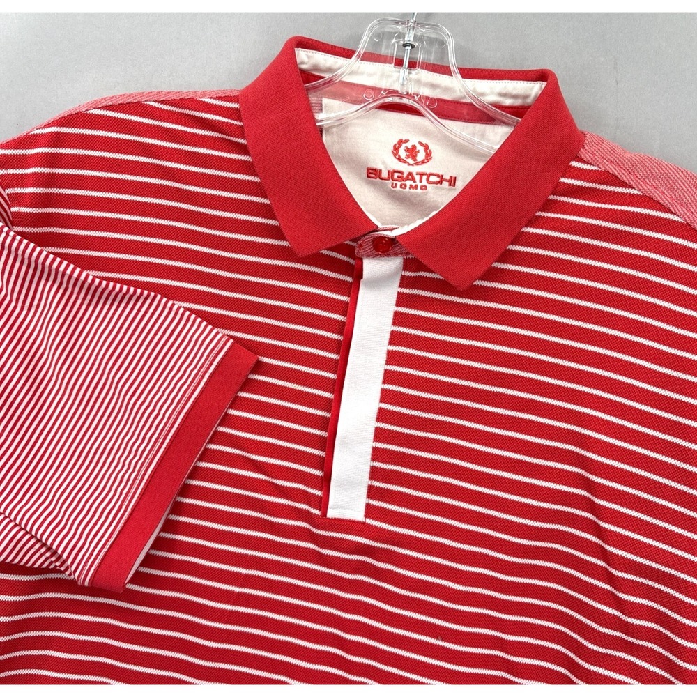 Bugatchi Uomo‎ Shirt Mens XL Polo Red Pink Multi Stripe Golf Mercerized Classic